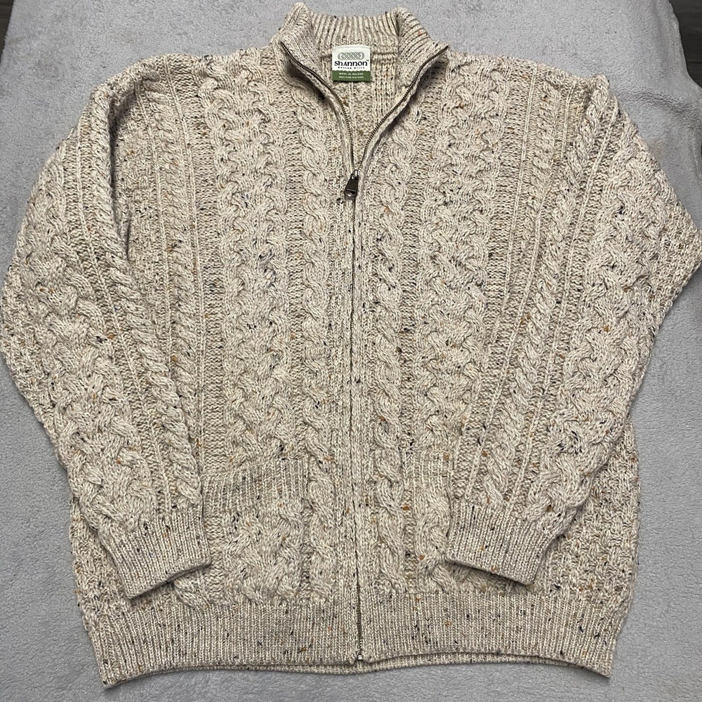 Shannon Woolen Mills Mens Large Beige Speckled Zip‎ Cardigan Knit Ireland